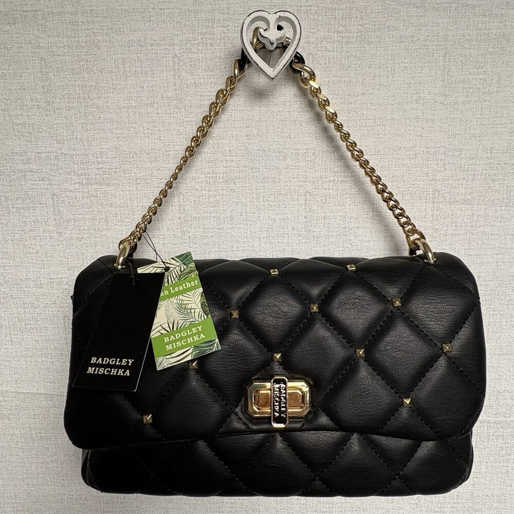 Badgley Mischka Black With Gold Tone Studded Diamond Quilted Crossbody - NWT